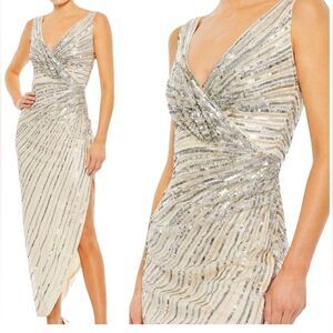 MAC DUGGAL sz 8 butter yellow & silver Sequined Faux Wrap asymmetrical dress